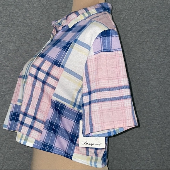 Passport cropped patchwork top size small short sleeve button down shirt NWT/ - Picture 3 of 12